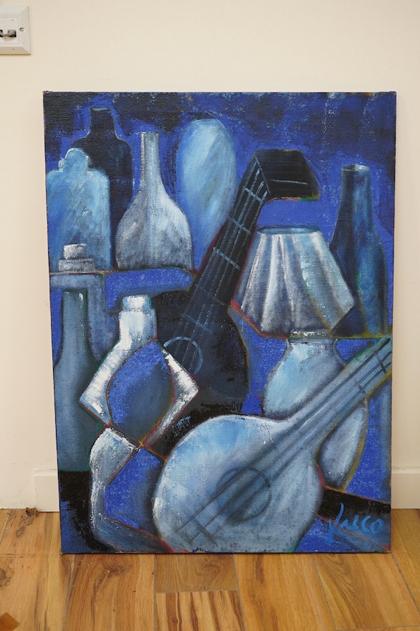 Cubist style, oil on canvas, Still life of vessels and instruments, indistinctly signed, 90 x 66cm. Condition - good